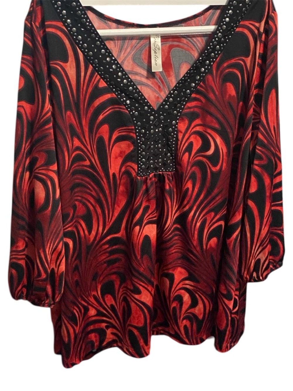 Perseption Red and Black Beaded V-Neck Tunic